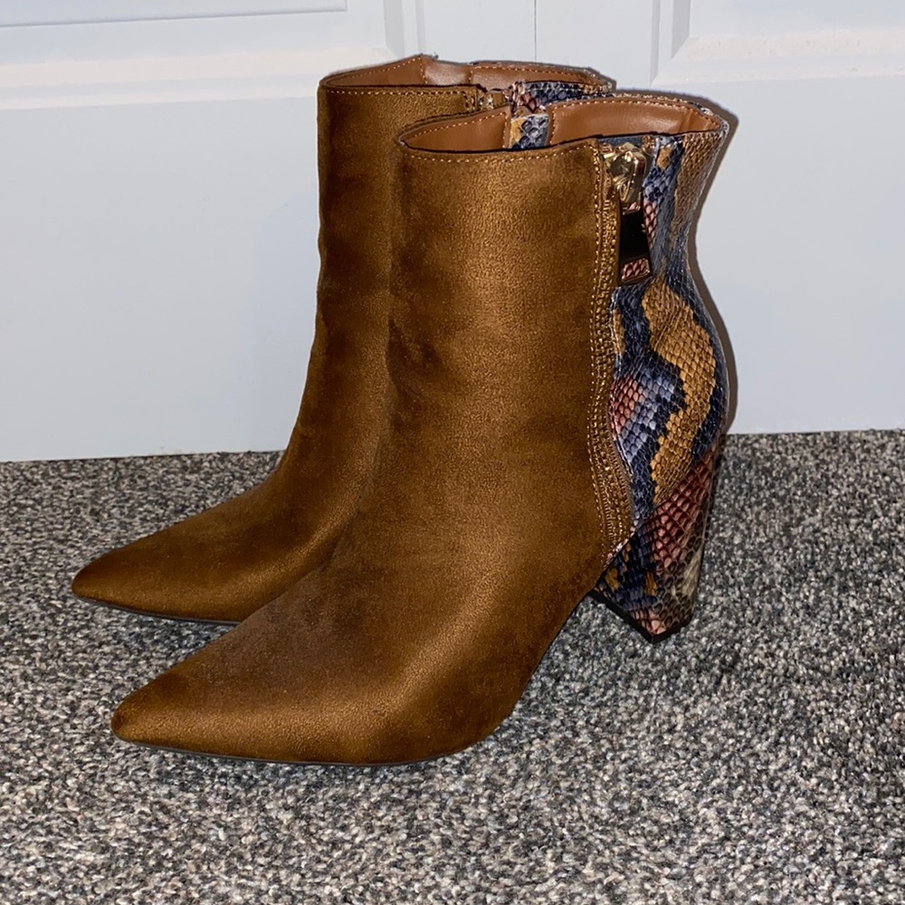 Bamboo size 8.5 tan and snake print high heeled booties